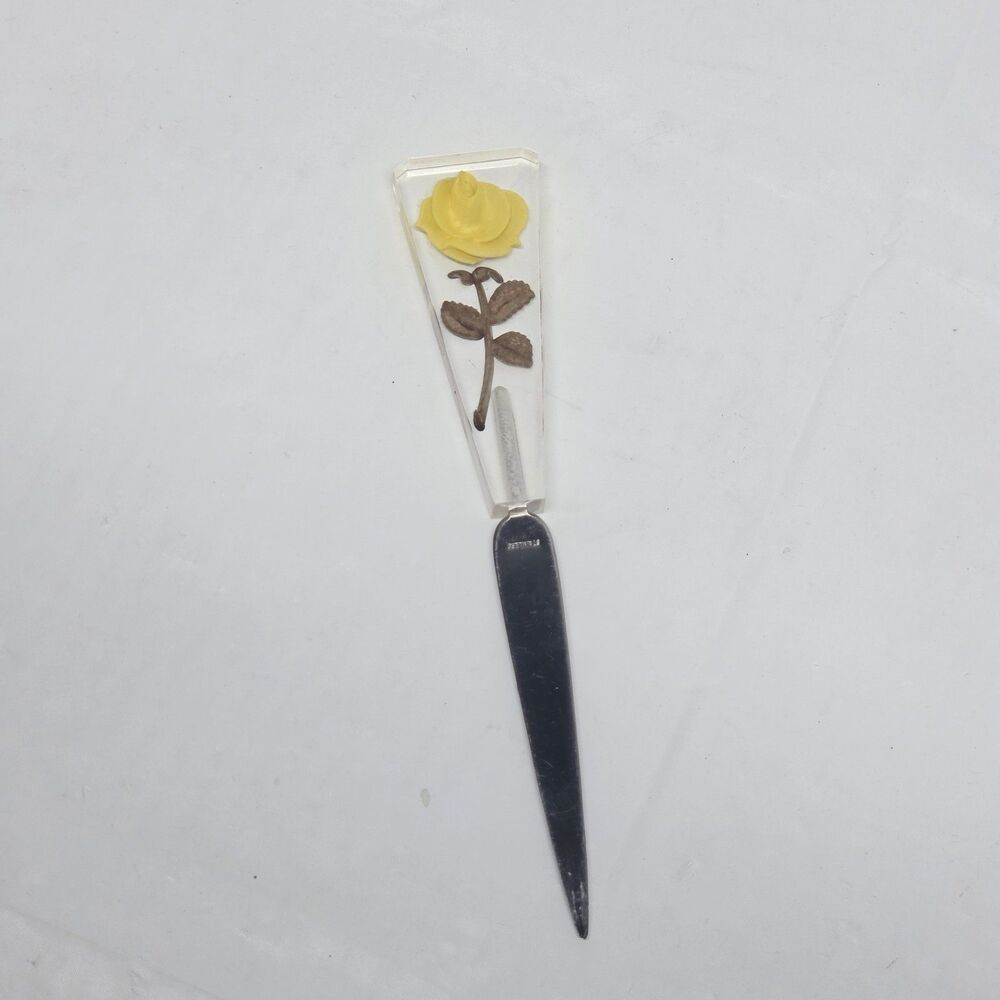 Vintage Acrylic Letter Opener By Bircraft Handcarved Yellow Rose Accent